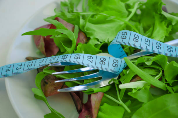 Lettuce leaves measuring tape on a plate