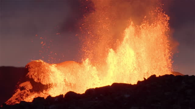 Powerful volcanic eruption at dusk slow motion Iceland 2021