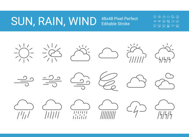 ilustraciones, imágenes clip art, dibujos animados e iconos de stock de iconos climáticos - rain tornado overcast storm