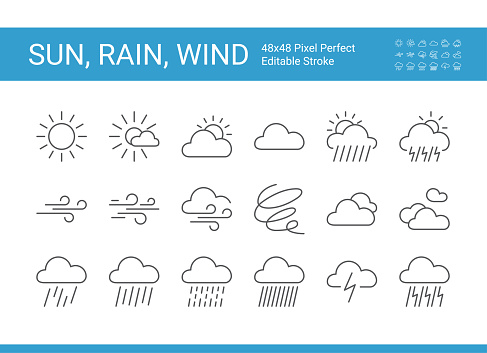 Set of simple climate icons. Vector icon set of weather forecast. Editable vector stroke. Pixel perfect.