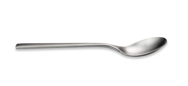 istock Empty metal spoon on a white isolated background. Brushed steel texture 1400689899