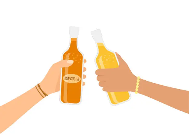 Vector illustration of Two hands holding and clinking bottles with kombucha tea on a white background. Vector illustration in flat style