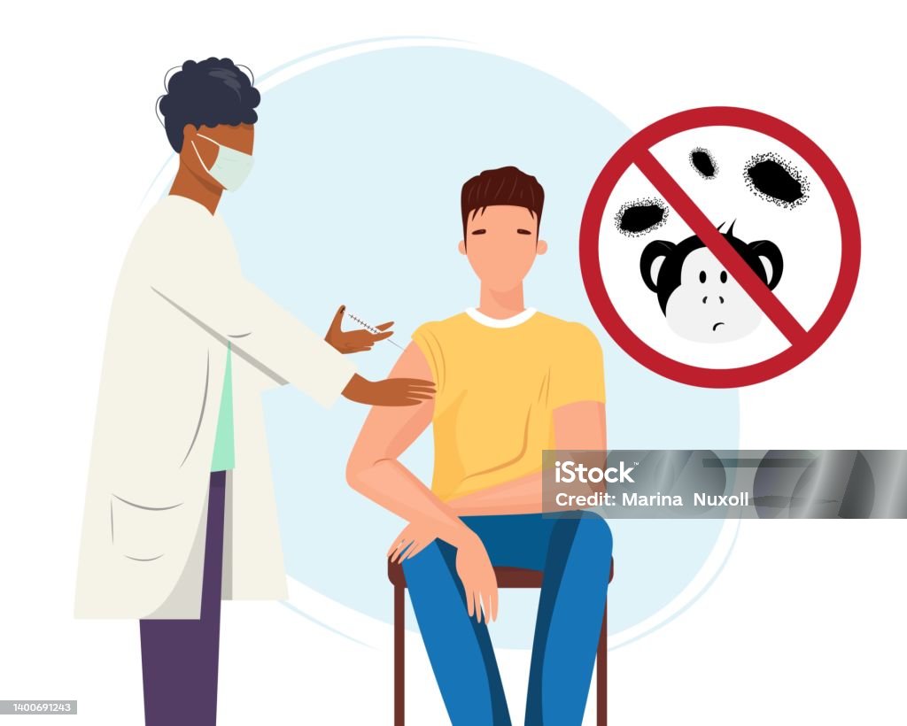 Conceptual illustration of vaccination against monkeypox virus. Man getting a vaccination against monkeypox virus. Monkeypox virus immunisation, medical, vaccination, immune system protection concept. Conceptual illustration of the immunity of adults. Mpox stock vector