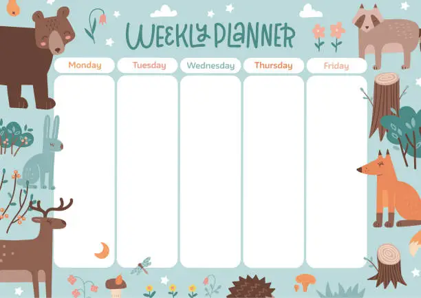 Vector illustration of Weekly planner for kids with woodland animals. Children's school schedule in forest life theme. 5 days of the week. Vector hand drawn illustration. A4 size printable template