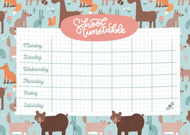Vector illustration of School timetable 4a sheet ready for print. Weekly planner for kids with checkered sheet on woodland animals pattern background. Children schedule in forest life theme. 6 days. Vector illustration.