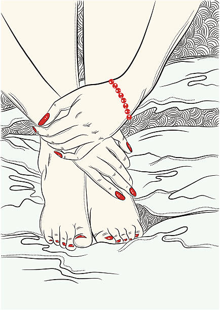 Miss you The girl, hugging his arms, sits on the bed. Девушка, обняв себя руками, сидит на кровати. woman feet bed stock illustrations