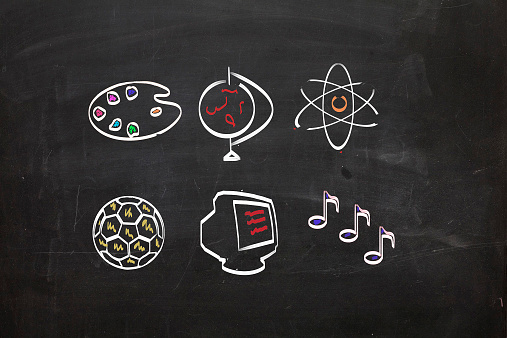 Blackboard with images representing various school subjects including art, geography, science, sports, technology and music
