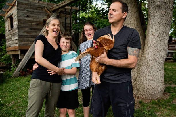 istock Funny family portrait with moving chicken in backyard. 1400700736