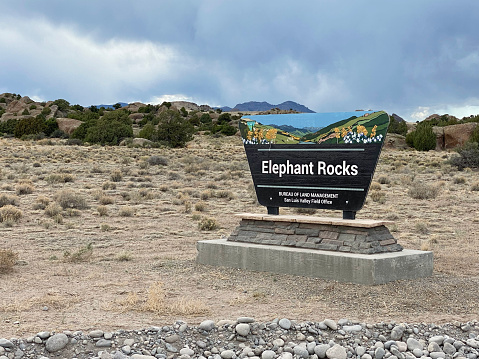 Del Norte, Colorado, USA - May 18, 2022: Sign for Bureau of Land Management Elephant Rocks just north of Del Norte, Colorado.