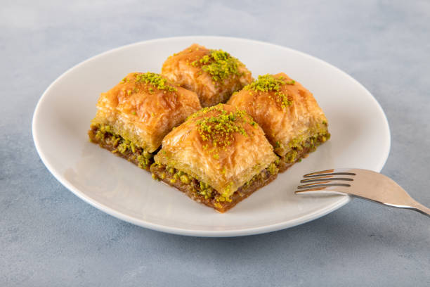istock Baklava with pistachio on a white plate , close-up 1400701995