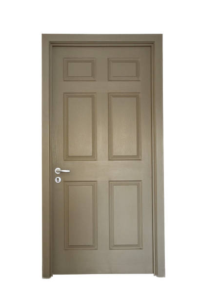 istock Closed wooden door with a handle on a white background 1400703404