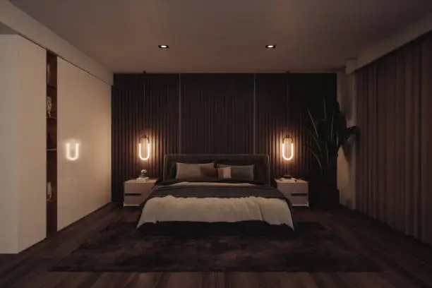 Luxury modern bedroom interior at night.