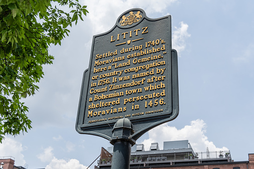 Lititz, Pennsylvania-USA-June 1, 2022: Lititz Historic Marker in the downtown area of the small town.