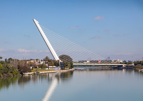 The Alamillo Bridge, Puente del Alamillo, over the Canal de Alfonso XIII in the north-west of Seville, Spain. It is the world's first cantilever spar cable-stayed bridge, a novel concept of its designer, Santiago Calatrava. It was completed in 1992 as part of the infrastructure for Expo '92.