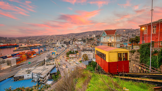 Passenger carriage of funicular railway in Valparaiso, Chile at sunset
