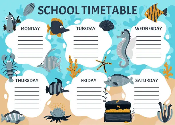 Vector illustration of School timetable of classes in elementary school. Weekly planner template with cartoon sea animals. Vector graphics in cartoon style