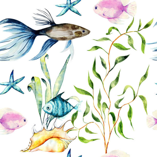 istock Watercolor  seamless pattern of  colorful tropical fishes. 1400713229