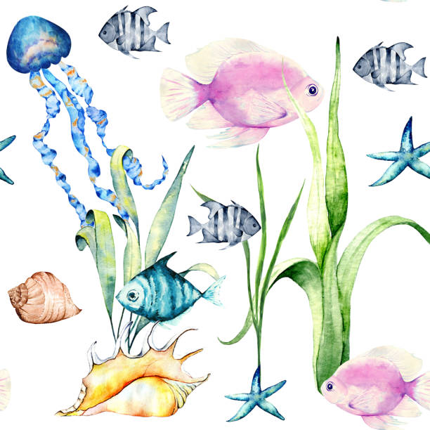 istock Watercolor  seamless pattern of  colorful tropical fishes. 1400713230