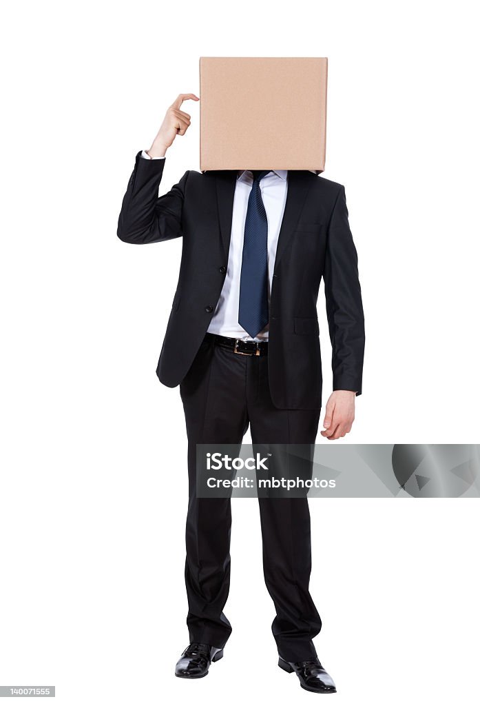 thinking box head thinking box head businessman in black suit, isolated on white Adult Stock Photo