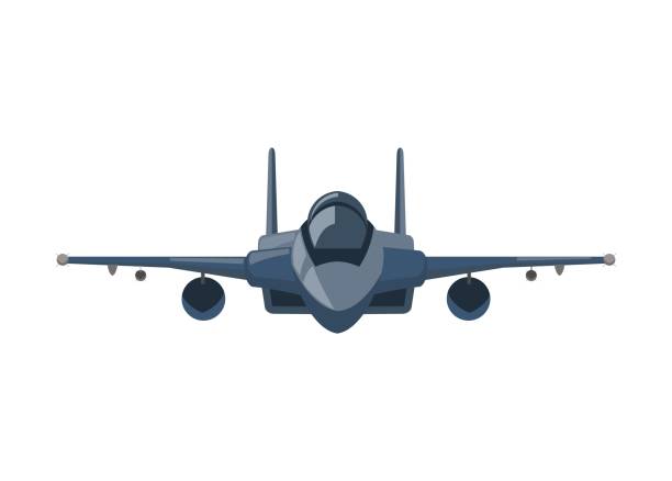 illustrazioni stock, clip art, cartoni animati e icone di tendenza di caccia a reazione a doppia coda. illustrazione semplice. vista frontale. - fighter plane