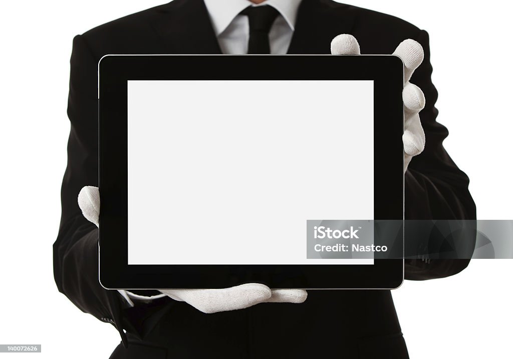 Butler tenant la Tablette numérique - Photo de Paire de gants libre de droits