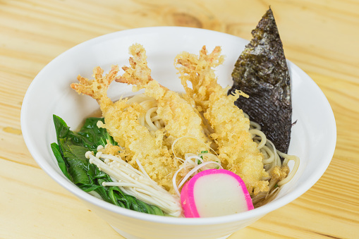 Tempura Ramen (ebi) Shrimp deep fried in creamy pork soup fukuoka Japanese food style served boiled egg decorate with carved vegetables side view