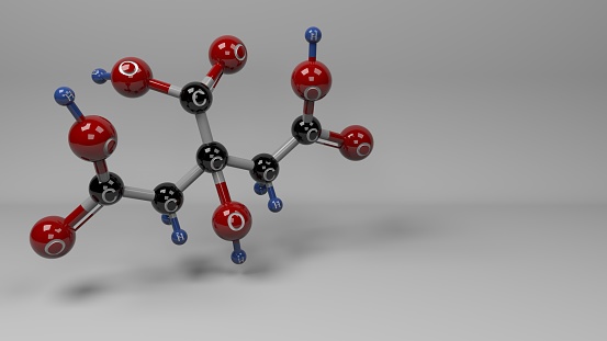 Molecular structure of citric acid, natural compound found in lemon and other citrus fruits, pineapples, and even animal tissues. Footage available.