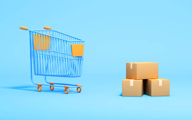 istock Shopping cart and boxes on the blue background, 3d rendering. 1400731949