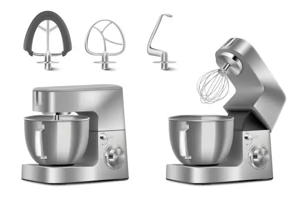 Vector illustration of Food processor with different nozzles isolated on white background. Realistic 3d vector illustrations