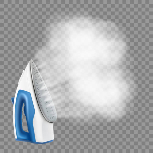 Iron with cloud of steam isolated on transparent background, realistic 3d vector illustration Iron with cloud of steam isolated on transparent background, realistic 3d vector illustration iron steam stock illustrations