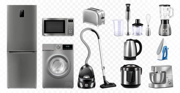 A set of household appliances: microwave oven, washing machine, refrigerator, vacuum cleaner, multicooker, food processor, blender, iron, juicer blender, toaster. Realistic 3D vector, isolated illustration A set of household appliances: microwave oven, washing machine, refrigerator, vacuum cleaner, multicooker, food processor, blender, iron, juicer blender, toaster. Realistic 3D vector, isolated illustration iron appliance stock illustrations