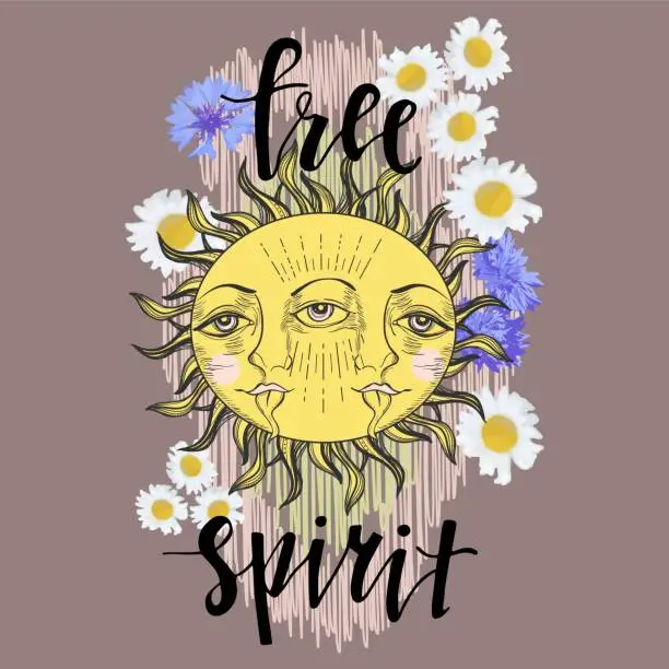 Vector illustration of Free spirit. Boho banner for astrology, celestial alchemy. Hand drawn vintage label with a retro sun and lettering. For apparel t shirt fashion design