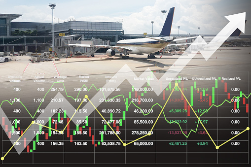 Business aviation marketing with stock information data, candlesticks, graph and chart show successful investment on travel and transportation industry for presentation background.