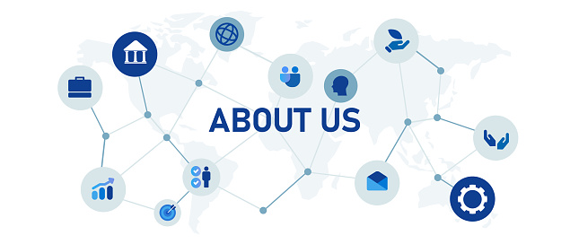 About us web header design icon interconnected symbol of company profile corporate organization business in modern clean blue and white vector