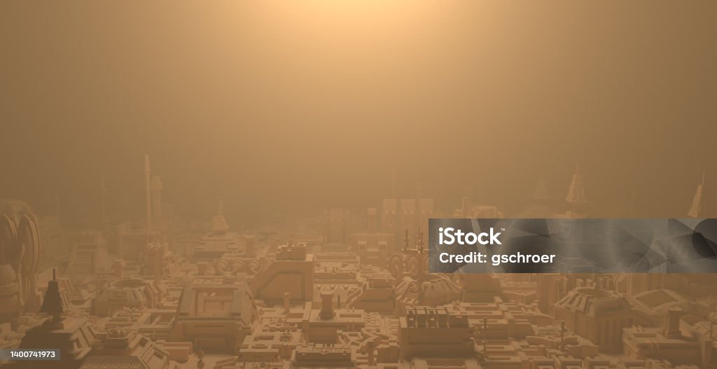 Dystopian Desert Cyberpunk City with Foggy Haze A stylized dystopian desert city landscape in a foggy haze. Dystopia - Concept Stock Photo