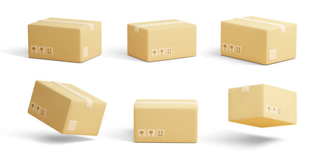 istock Set of 3D cardboard closed boxes isolated on light background. Realistic delivery cargo parcels with fragile care sign symbol, handling with care, protection from water rain. Vector illustration 1400742486