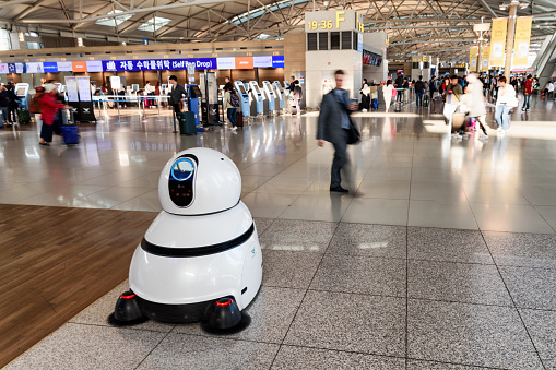 Seoul, South Korea - 16 October 2017: LG's airport cleaning robot in main hall of Incheon airport.