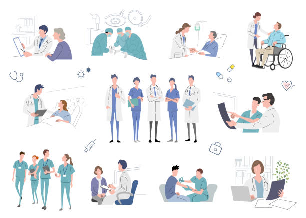 ilustraciones, imágenes clip art, dibujos animados e iconos de stock de material de ilustración vectorial: médico, conjunto de personas - procedimiento médico