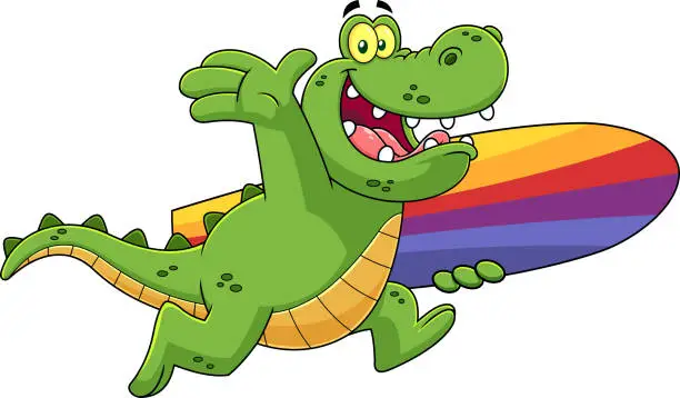 Vector illustration of Happy Alligator Or Crocodile Cartoon Character Running With A Surfboard