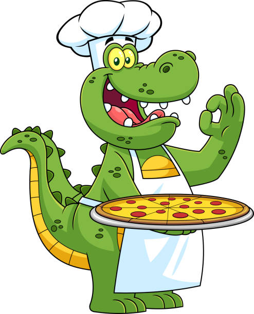 ilustraciones, imágenes clip art, dibujos animados e iconos de stock de caimán o cocodrilo chef personaje de dibujos animados sosteniendo una pizza y gesticulando están bien - 13576