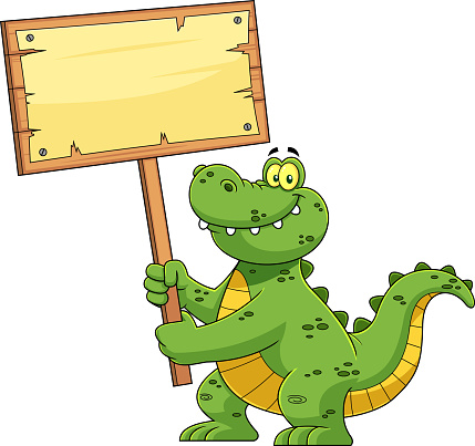 Funny Alligator Or Crocodile Cartoon Character Holding Up A Wooden Sign. Vector Hand Drawn Illustration Isolated On White Background