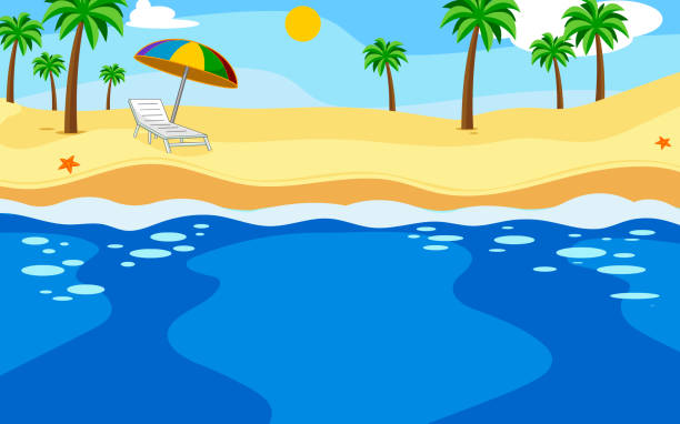 ilustrações, clipart, desenhos animados e ícones de fundo de praia de desenho animado com palmeiras - 13589