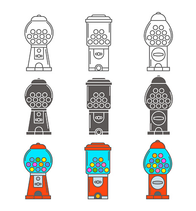 Gumball machine icon set. Retro vending dispenser for candies and bubblegums. Sweets slot vector illustration isolated on white background.