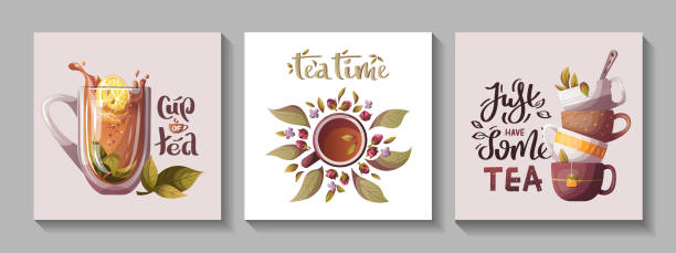 차 한 잔과 필기 편지가있는 카드 세트. - mint tea lemon tea leaves glass stock illustrations