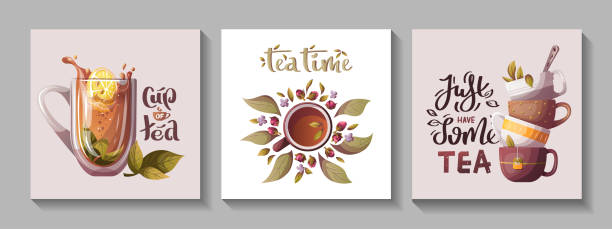 ilustrações, clipart, desenhos animados e ícones de conjunto de cartas com xícaras de chá e letras manuscritas. - mint tea lemon tea leaves glass