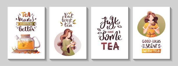 illustrazioni stock, clip art, cartoni animati e icone di tendenza di set di carte con le donne, tè di olivello spinoso, citazioni scritte a mano. - tea tea party afternoon tea women