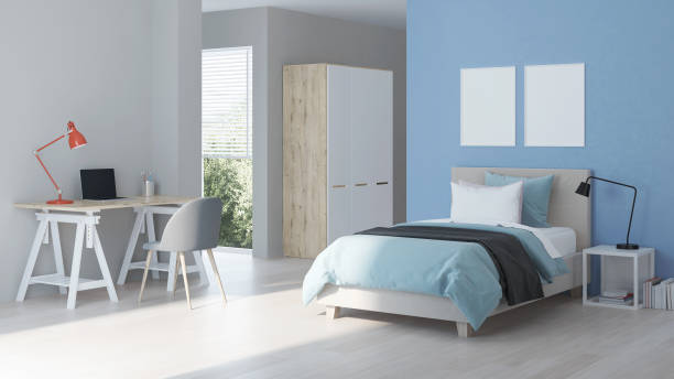 istock Modern teenager room interior with workplace and bed. Idea for design. 3D rendering 1400750519