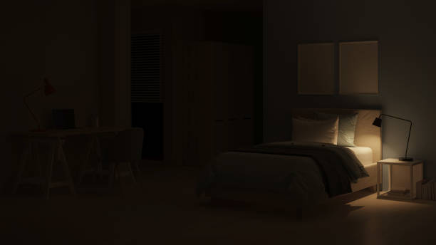 istock Modern teenager room interior with workplace and bed. Night. Evening lighting. 3D rendering. 1400750919