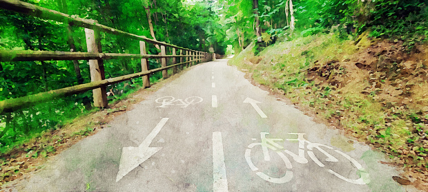 Watercolor effect on a photo of Soca valley - Solkan bike trail near the famous Solkan bridge (between Solkan and Plave village). Watercolor effect on a photography.