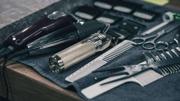 istock Collection of different appliances that barber uses, such as sci 1400751666